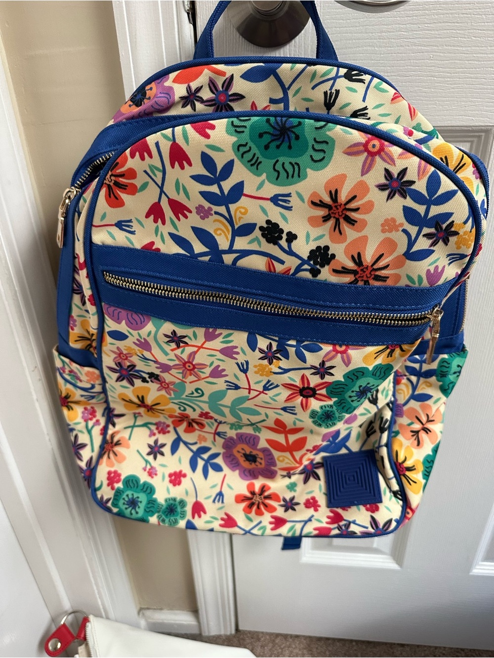LuLaRoe Cream Floral Backpack with Blue Trim